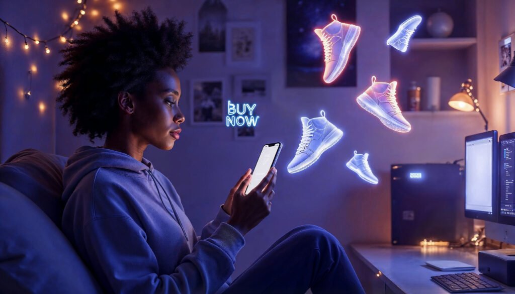 Jovem explorando loja virtual de tênis da Puma na estratégia de Marketing Imersivo no Fortnite no Fortnite em ambiente gamer.