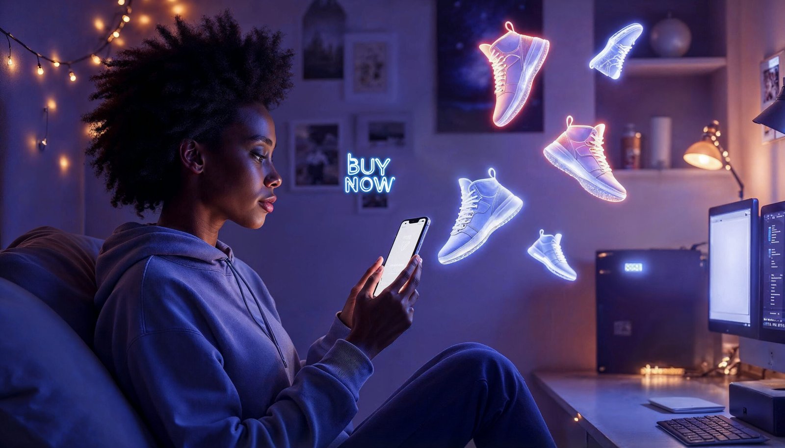 Jovem explorando loja virtual de tênis da Puma na estratégia de Marketing Imersivo no Fortnite no Fortnite em ambiente gamer.