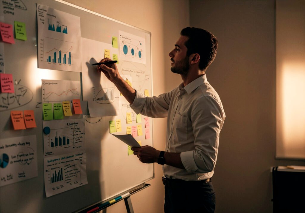 Profissional analisando gráficos em quadro branco, representando comparação entre marketing digital estratégico ou processual