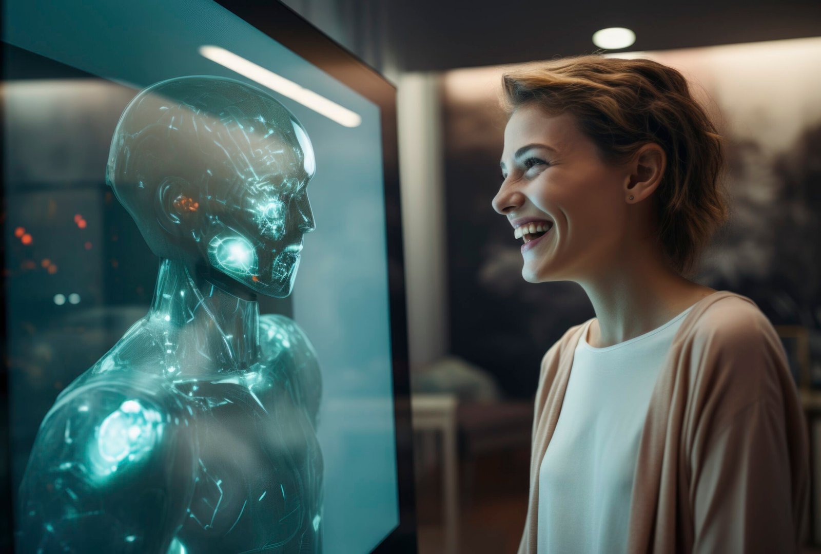 Para representar agentes de IA no marketing digital, se utiliza uma mulher sorrindo para um robô.