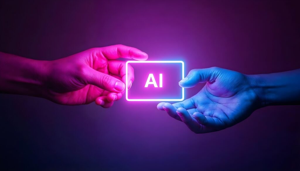 Mãos segurando um letreiro de neon com a sigla Adobe IA, representando as inovações em inteligência artificial nas atualizações de 2025 da adobe lançando IA