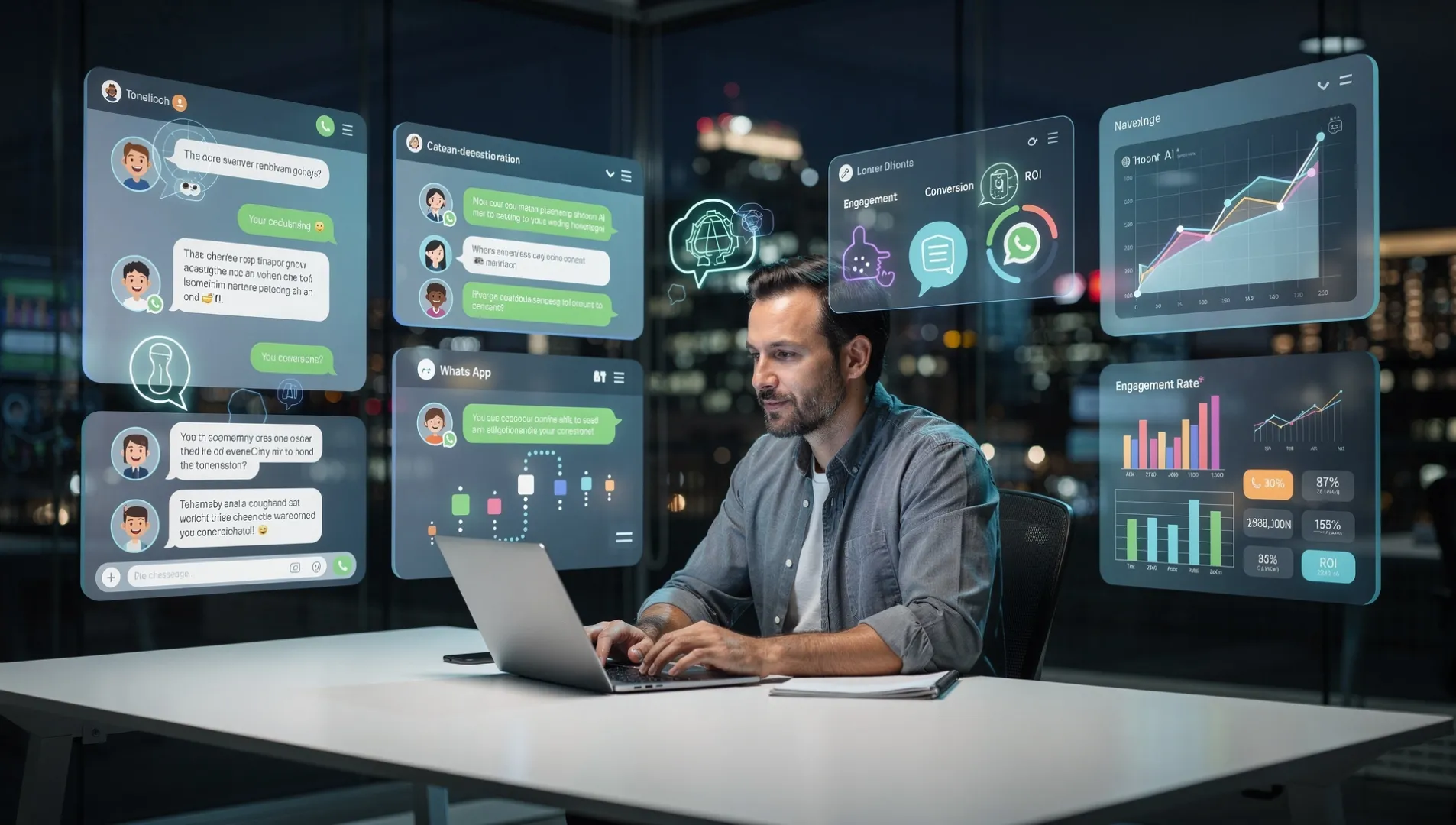 Profissional de marketing utilizando marketing conversacional com IA em 2026 com chatbots e WhatsApp Business em múltiplas telas.