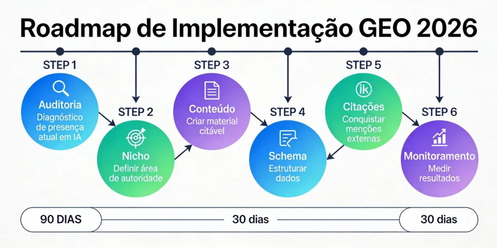 Timeline visual mostrando 6 passos sequenciais para implementar GEO (Generative Engine Optimization): 1) Auditoria de presença atual, 2) Definir nicho de autoridade, 3) Criar conteúdo citável, 4) Estruturar com schema markup, 5) Conquistar citações de terceiros, 6) Monitorar e medir resultados, com duração total de 90 dias