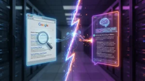 SEO vs GEO em comparação visual entre busca tradicional no Google e resposta gerada por IA, mostrando diferenças de visibilidade, cliques e citações em 2026.