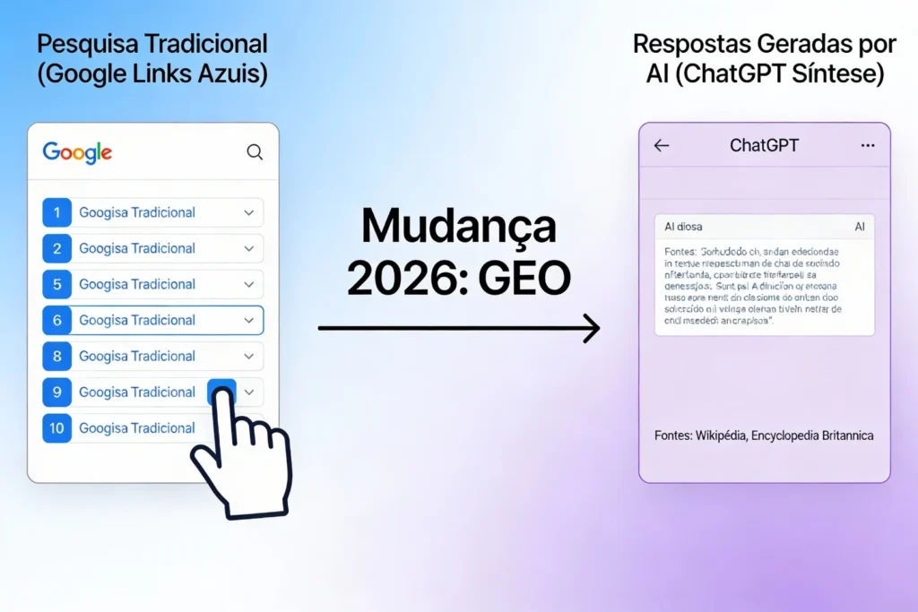 Comparação visual entre busca tradicional do Google com 10 links azuis em 2024 e busca generativa com respostas sintetizadas de IA em 2026 - Generative Engine Optimization (GEO)