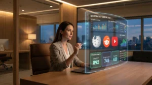 Profissional de marketing digital analisando dashboard com gráficos de GEO marketing digital, mostrando citações em ChatGPT, Gemini e Perplexity - conceito de otimização para inteligência artificial