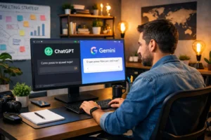 Infográfico sobre como Otimizar Site para ChatGPT e Gemini em 2026: mostra um site (desktop e mobile) com estrutura SEO/AEO (H1, H2, FAQ, schema markup, sitemap.xml e velocidade/Core Web Vitals) conectado por setas a uma interface de chat “ChatGPT” e “Gemini” exibindo “Fonte: seu site” e um trecho de resposta, ilustrando como conteúdo bem estruturado pode ser citado por IA e aparecer em respostas diretas.