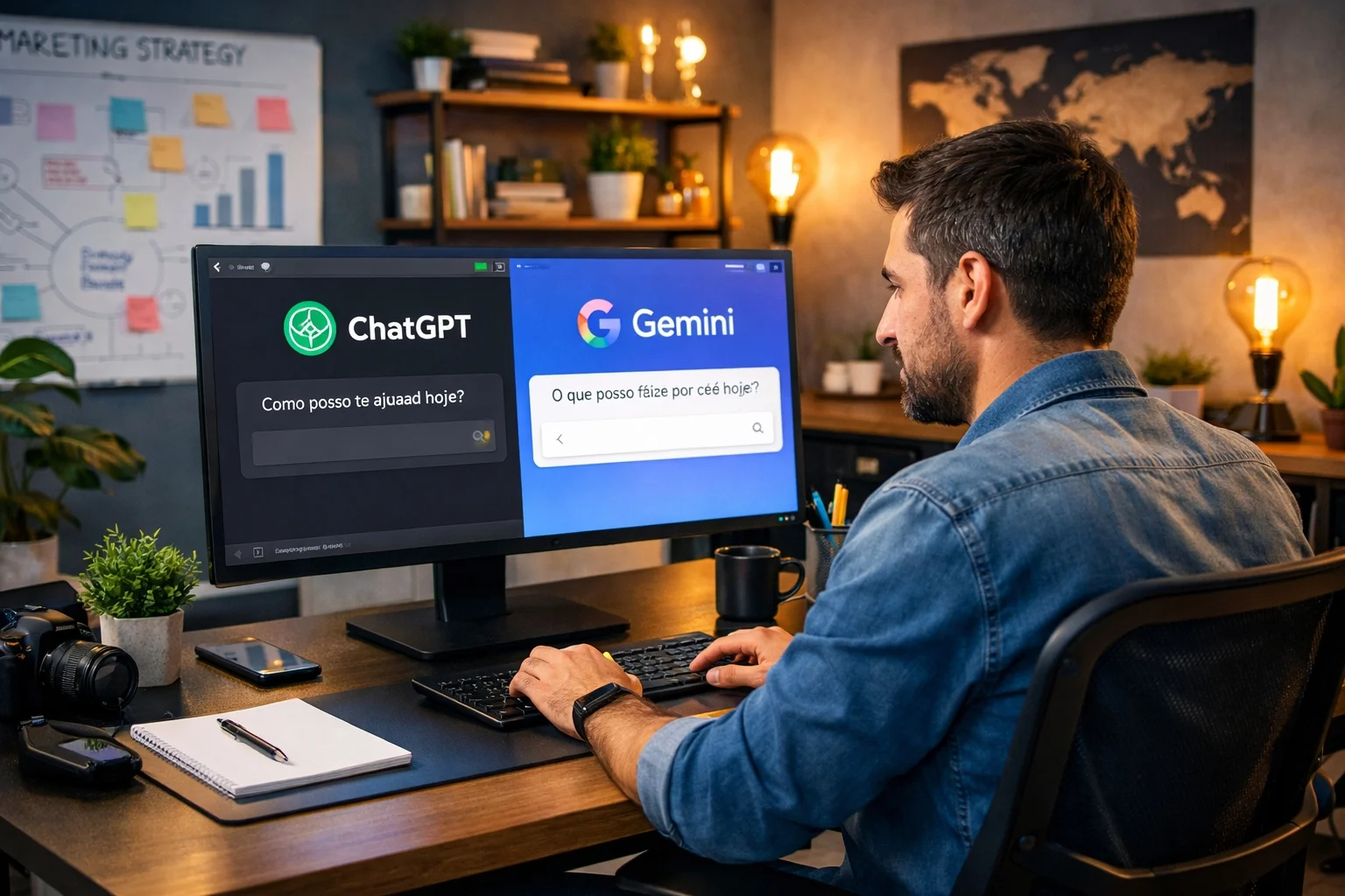 Infográfico sobre como Otimizar Site para ChatGPT e Gemini em 2026: mostra um site (desktop e mobile) com estrutura SEO/AEO (H1, H2, FAQ, schema markup, sitemap.xml e velocidade/Core Web Vitals) conectado por setas a uma interface de chat “ChatGPT” e “Gemini” exibindo “Fonte: seu site” e um trecho de resposta, ilustrando como conteúdo bem estruturado pode ser citado por IA e aparecer em respostas diretas.