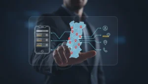 Infográfico sobre SEO local para Portugal mostrando mapa estilizado de Portugal com marcadores de localização vermelhos sobre Lisboa, Porto, Braga, Coimbra e Faro, um smartphone com resultados do Google Local Pack com estrelas de avaliação, e ícones de elementos de SEO local como perfil de empresa, avaliações, morada e telefone conectados por linhas azuis.