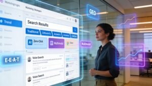 Profissional de marketing digital analisando as principais tendências do SEO em 2026 em uma interface futurista de busca com IA generativa, GEO e zero-click