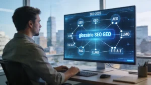 Glossário de SEO e GEO em tela futurista analisado por profissional de marketing em Sorocaba, focado em IA e zero-click